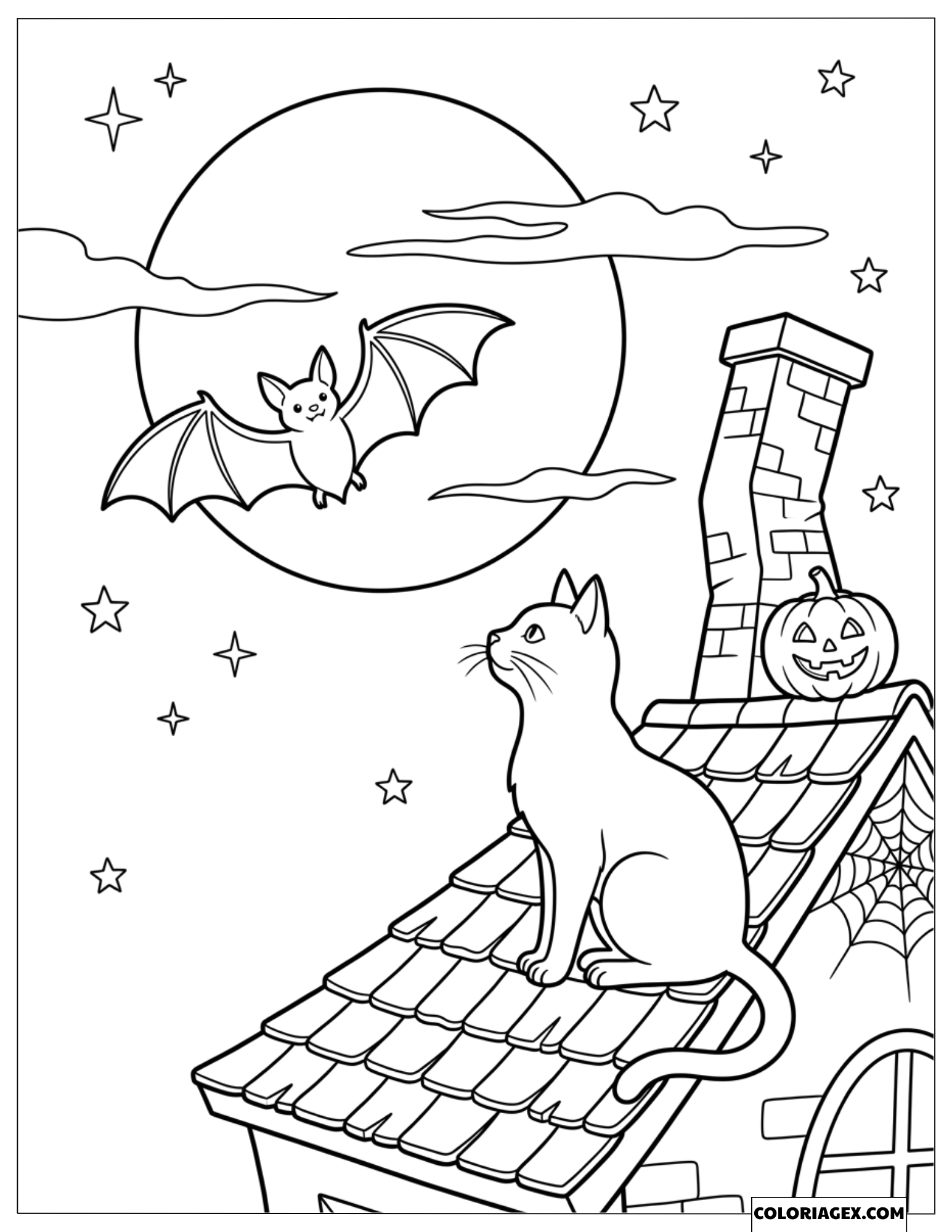 Dessin du chat noir assis sur le toit regardant la chauve-souris voler devant la lune
