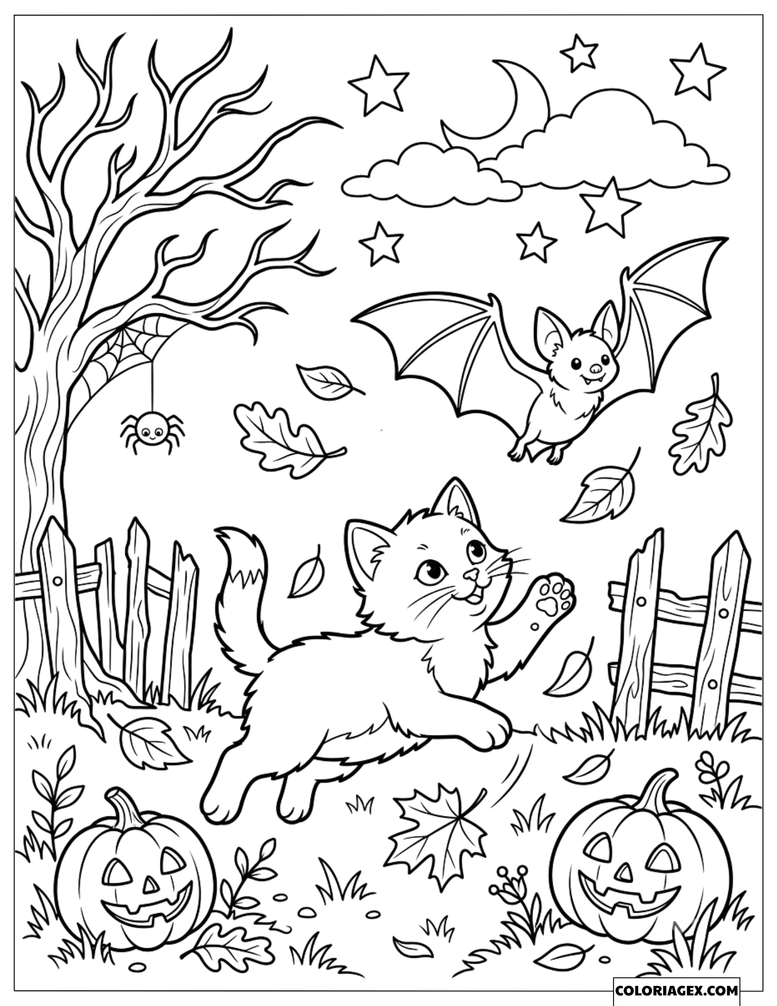 Dessin du chat noir jouant dans les feuilles et la chauve-souris volant près des citrouilles