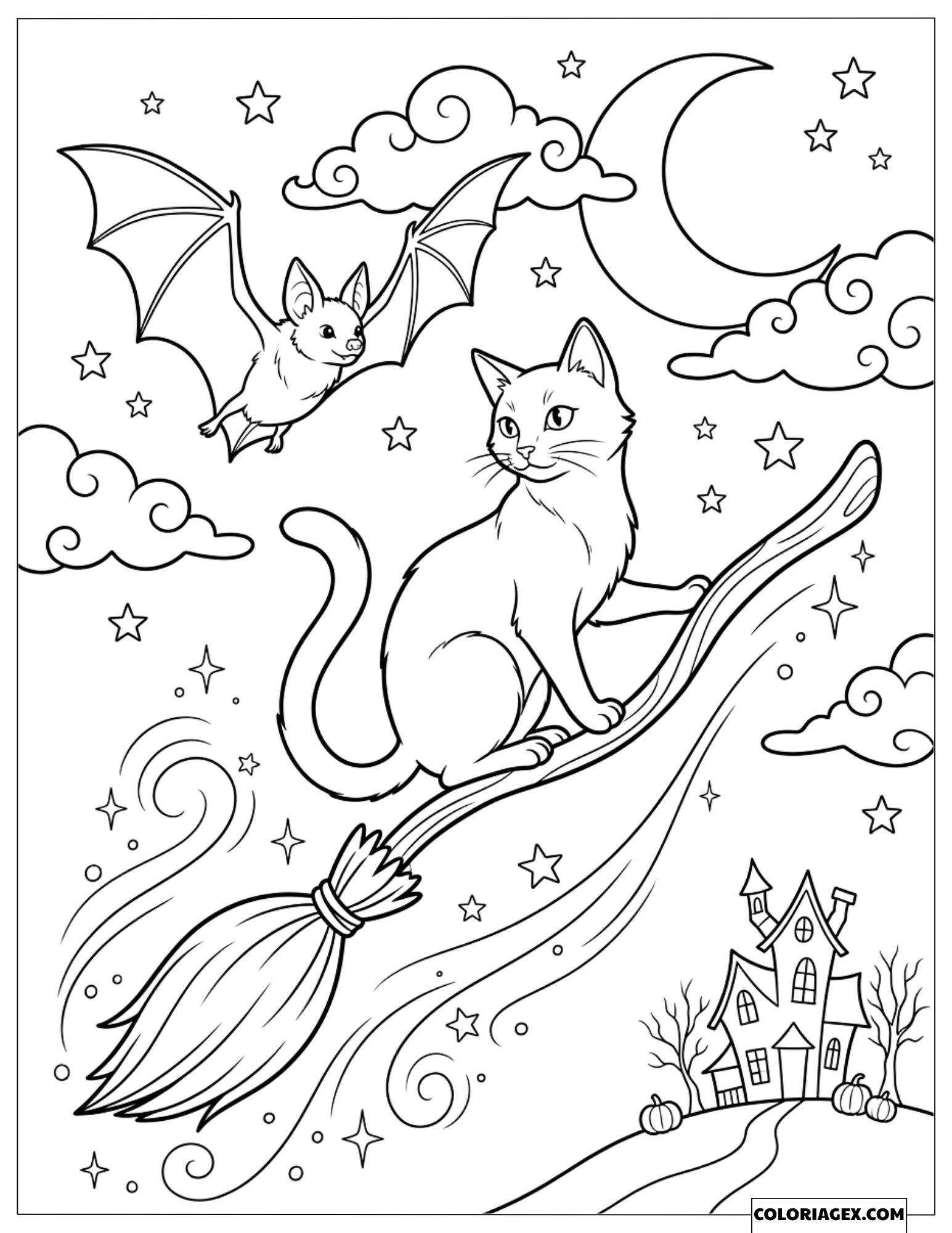 Dessin du chat noir volant sur un balai magique avec la chauve-souris dans le ciel
