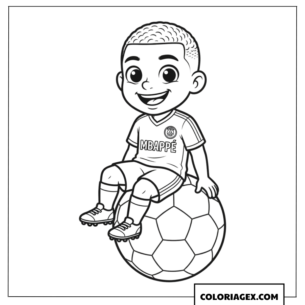 Dessin du joueur Kylian Mbappe assis sur un ballon de foot