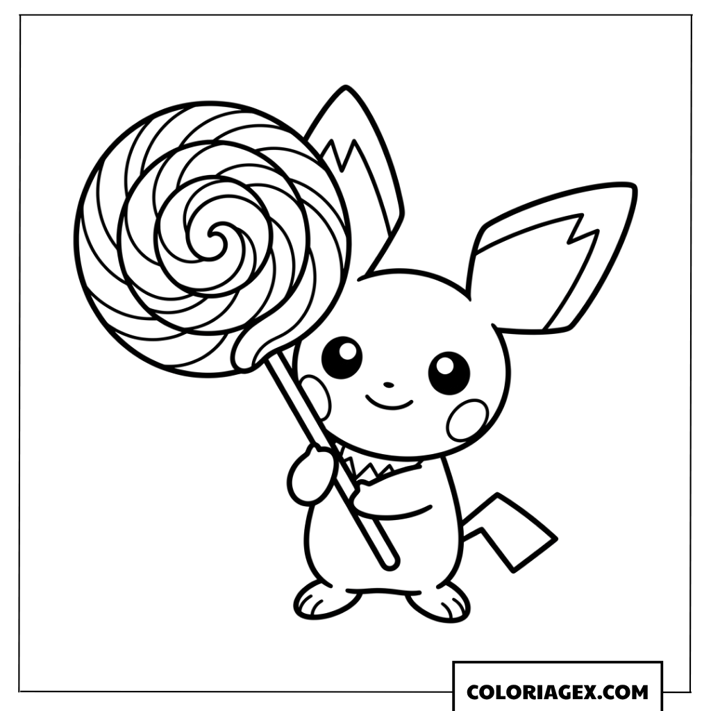 Dessin du petit Pokemon Pichu tenant une sucette géante