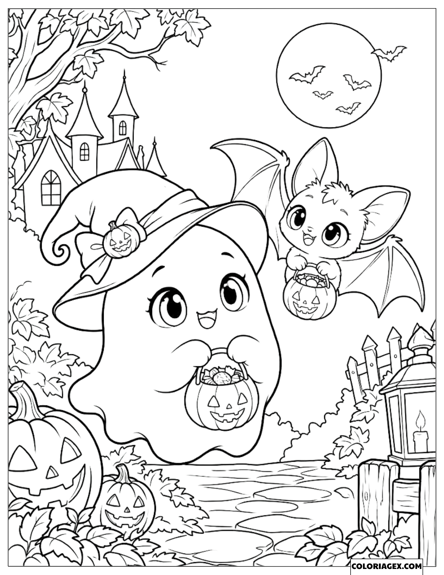 Dessin du petit fantôme au chapeau et la chauve-souris avec un panier de bonbons d'Halloween