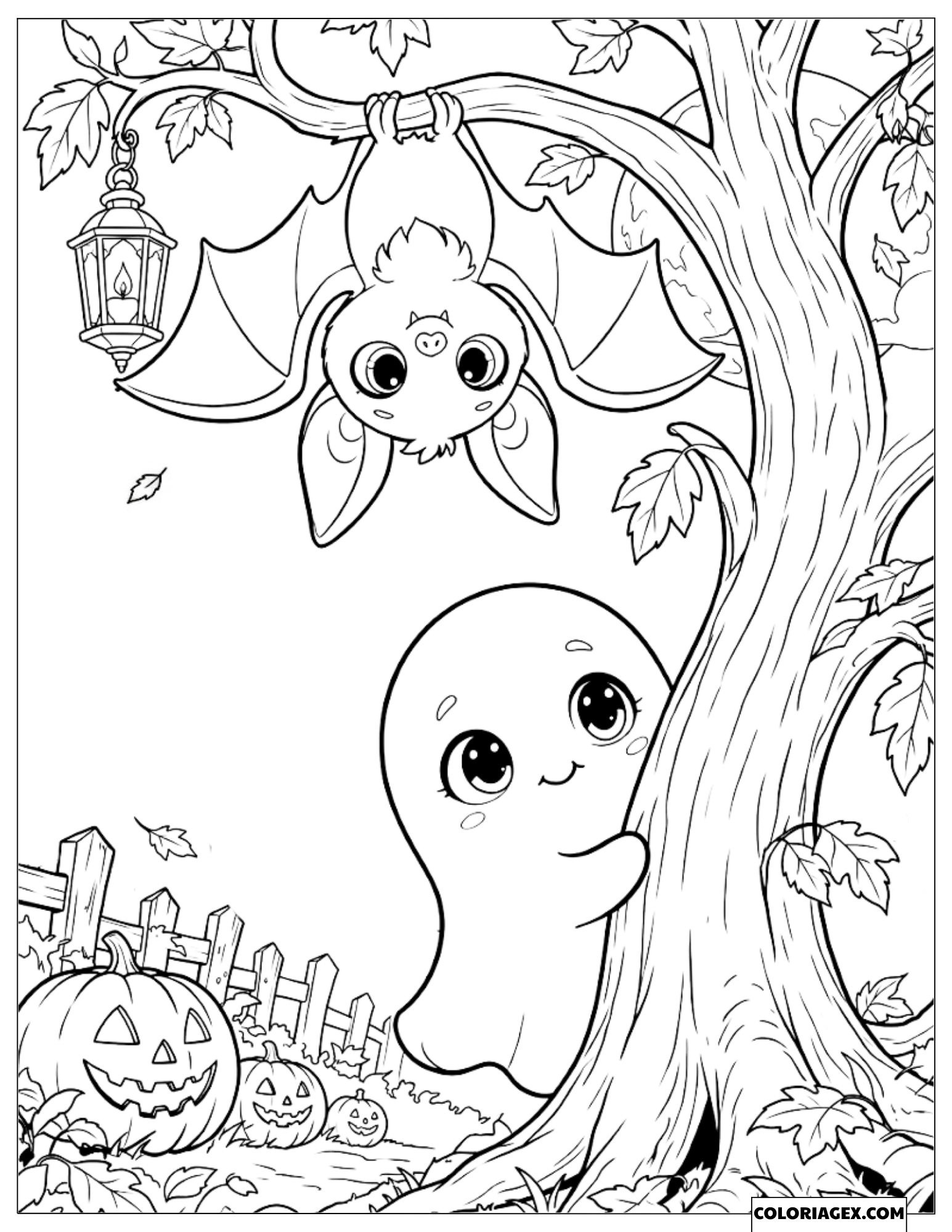 Dessin du petit fantôme caché derrière l'arbre et la chauve-souris suspendue à la branche