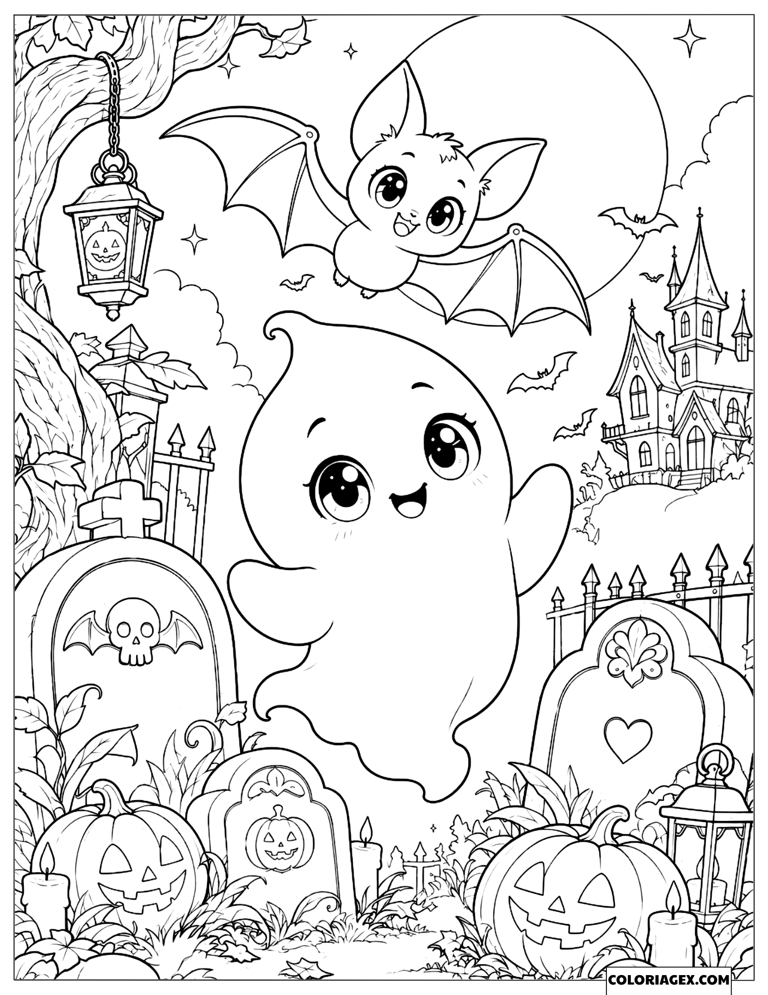 Dessin du petit fantôme qui salue et la chauve-souris volante au-dessus du cimetière d'Halloween