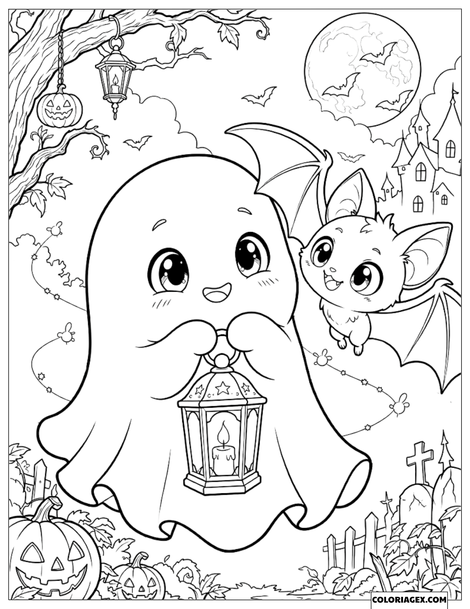 Dessin du petit fantôme tenant une lanterne et la chauve-souris souriante qui vole à côté