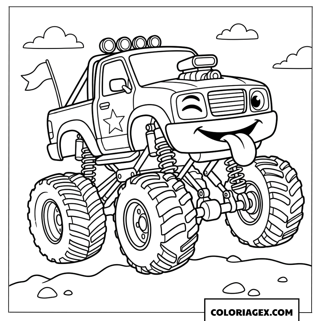 Dessin d'un camion monster truck de dessin animé avec un grand sourire, au style simple