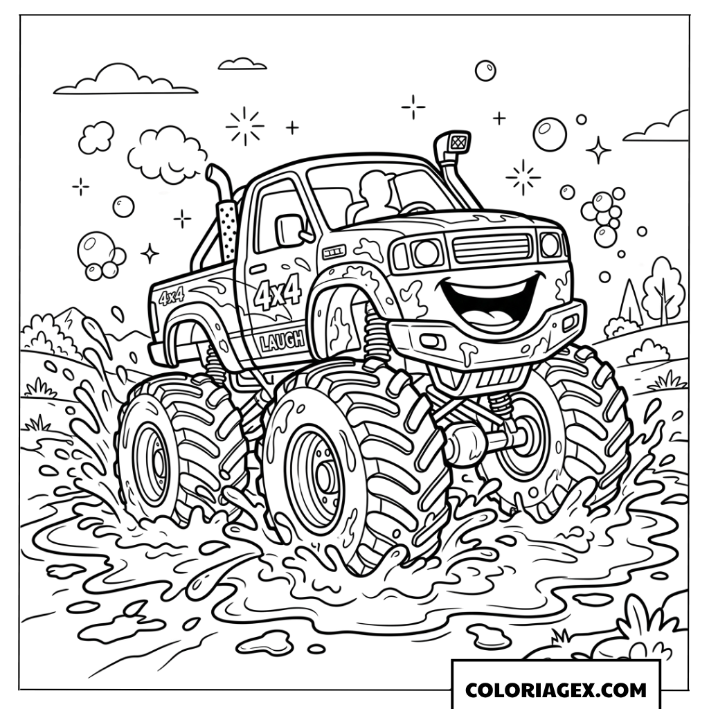 Dessin d'un camion monster truck de dessin animé éclaboussant de la boue