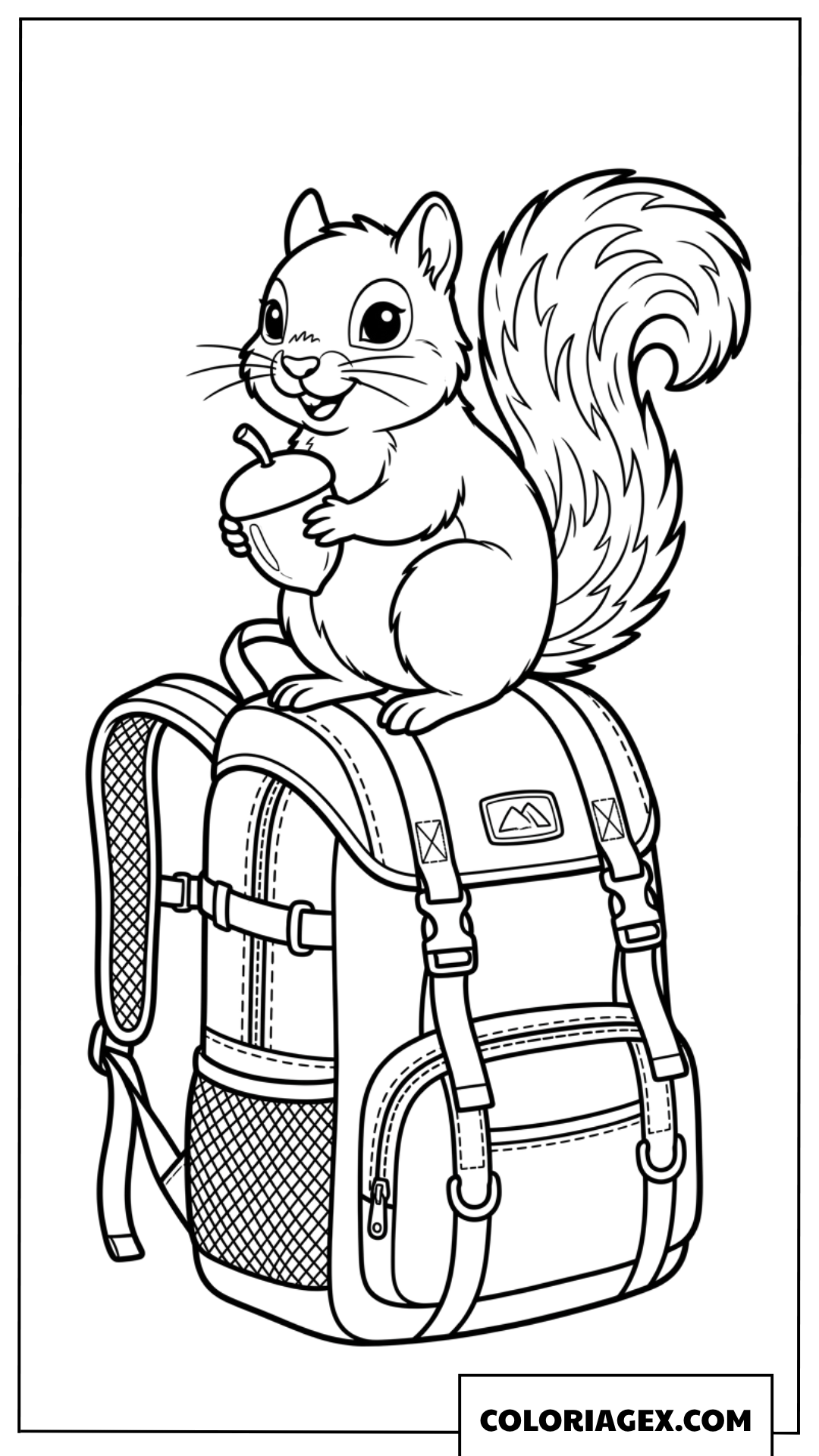 Dessin d'un écureuil espiègle tenant une noisette sur un sac à dos