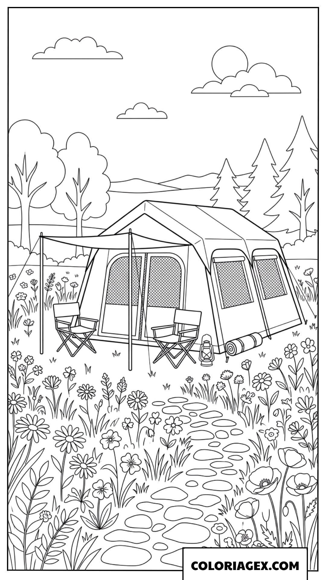 Dessin d'un espace de camping détendu au milieu d'un champ de fleurs