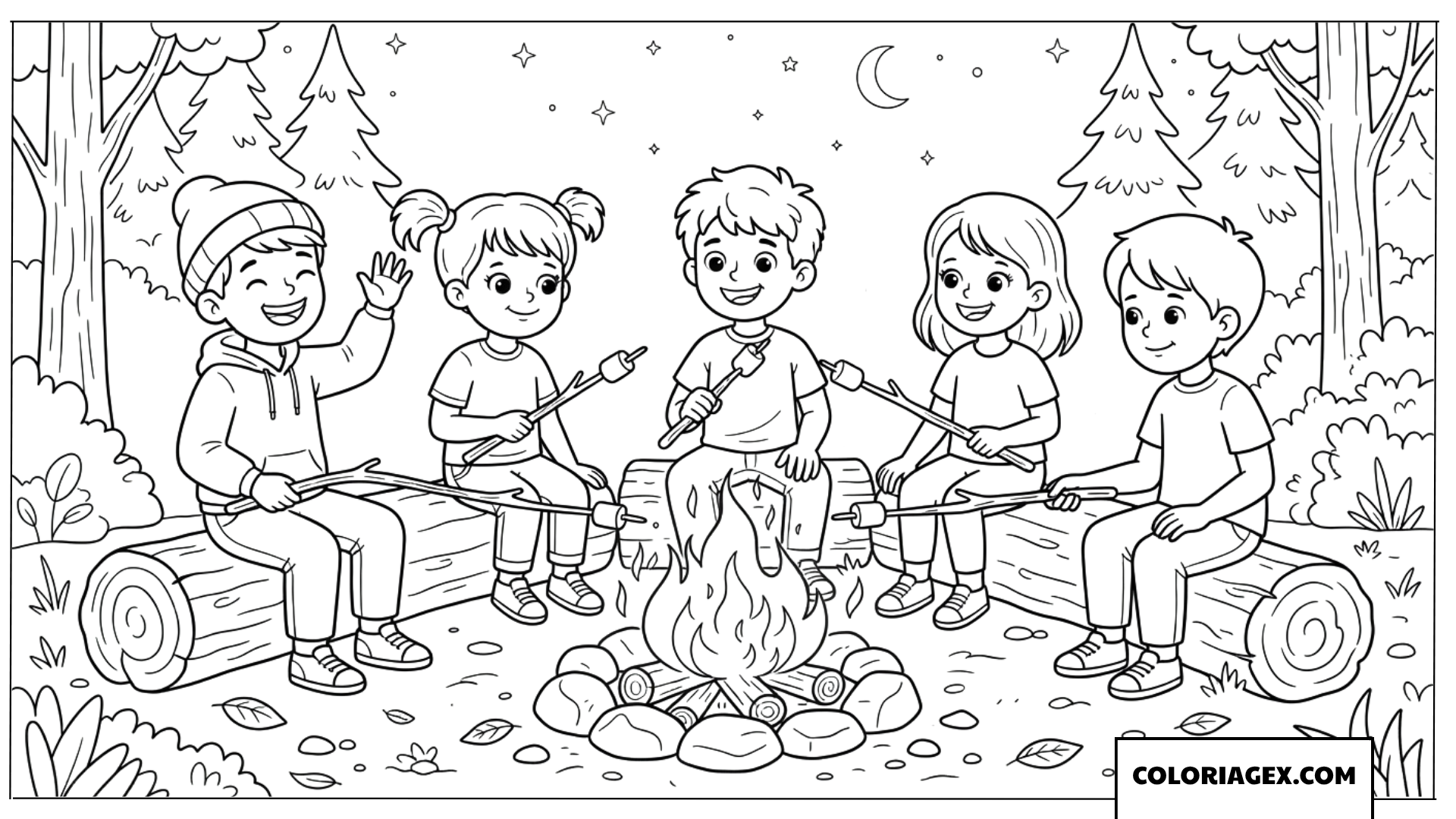 Dessin d'un groupe d'amis faisant griller des guimauves au feu de camp