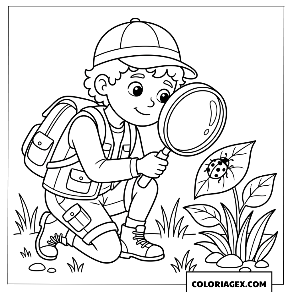 Dessin d'un jeune explorateur observant une coccinelle avec une loupe
