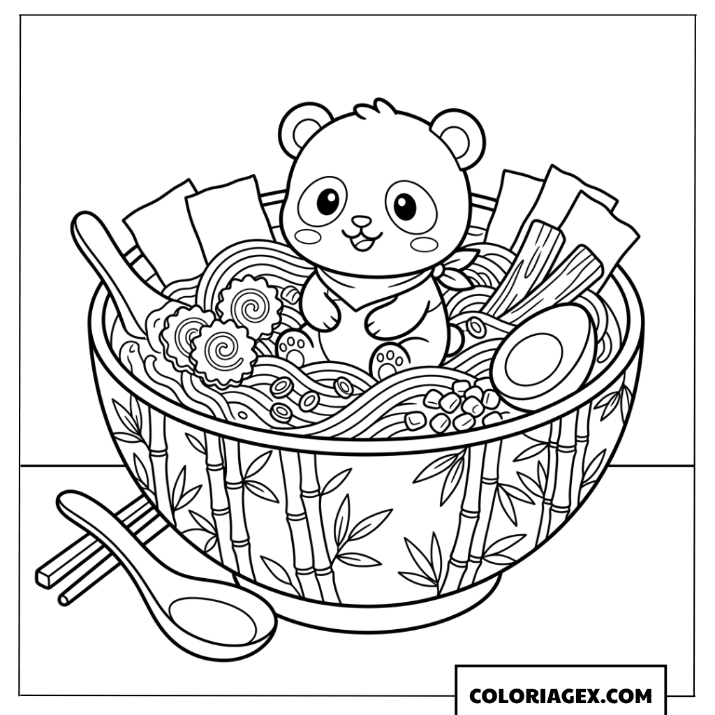 Dessin dun panda chibi dans un bol de ramen a colorier