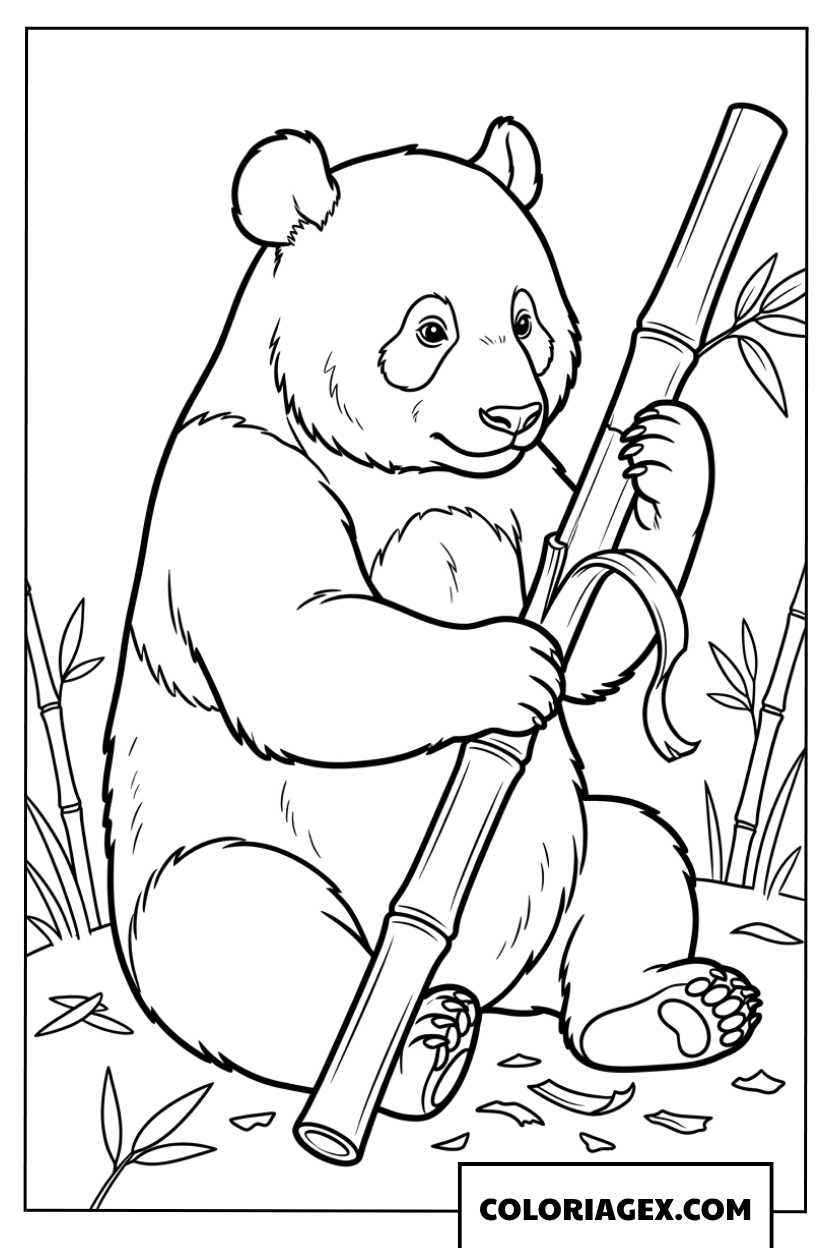 Dessin dun panda qui epluche une tige de bambou a colorier