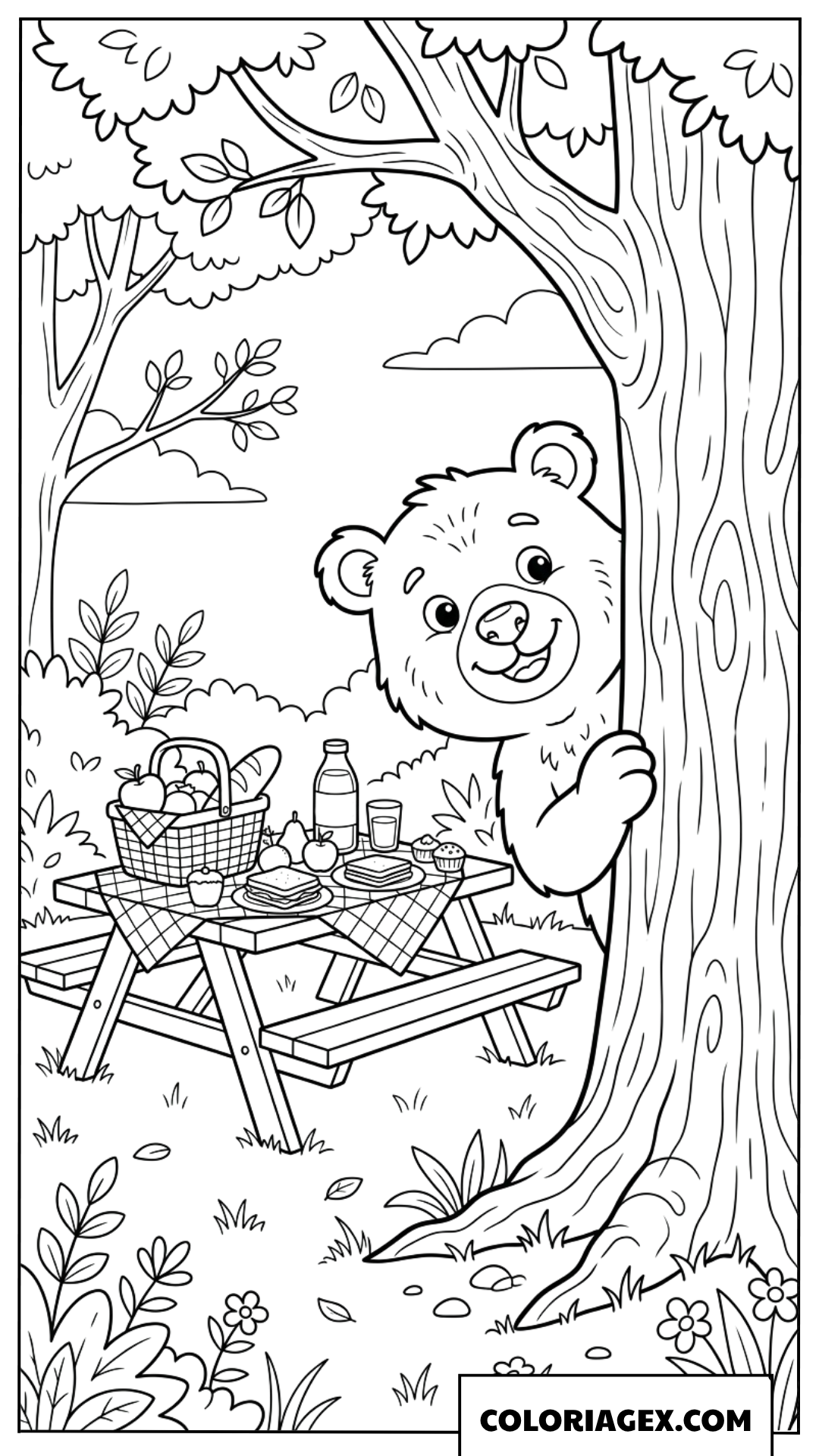 Dessin d'un petit ours curieux cachant derrière un arbre et regardant la table