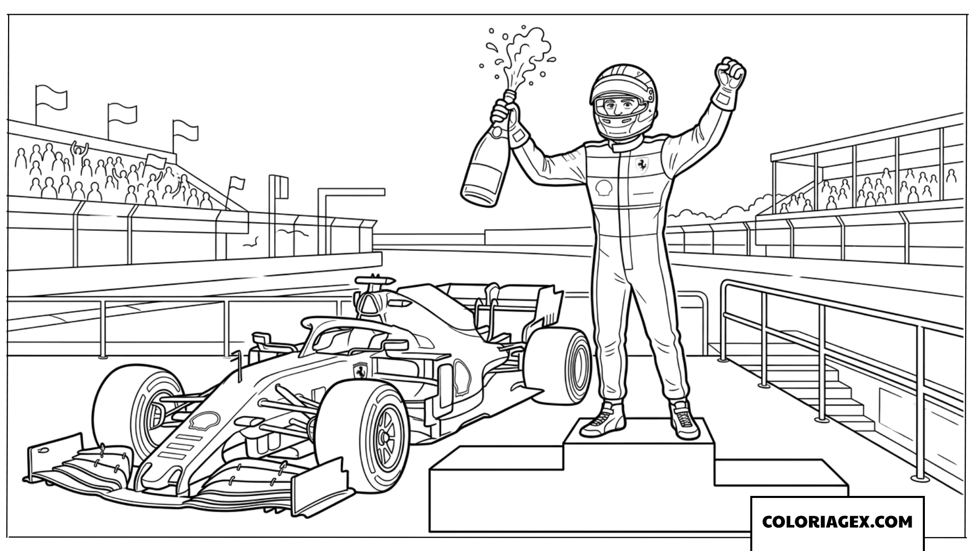 Dessin dun pilote Ferrari celebre sa victoire avec le trophee