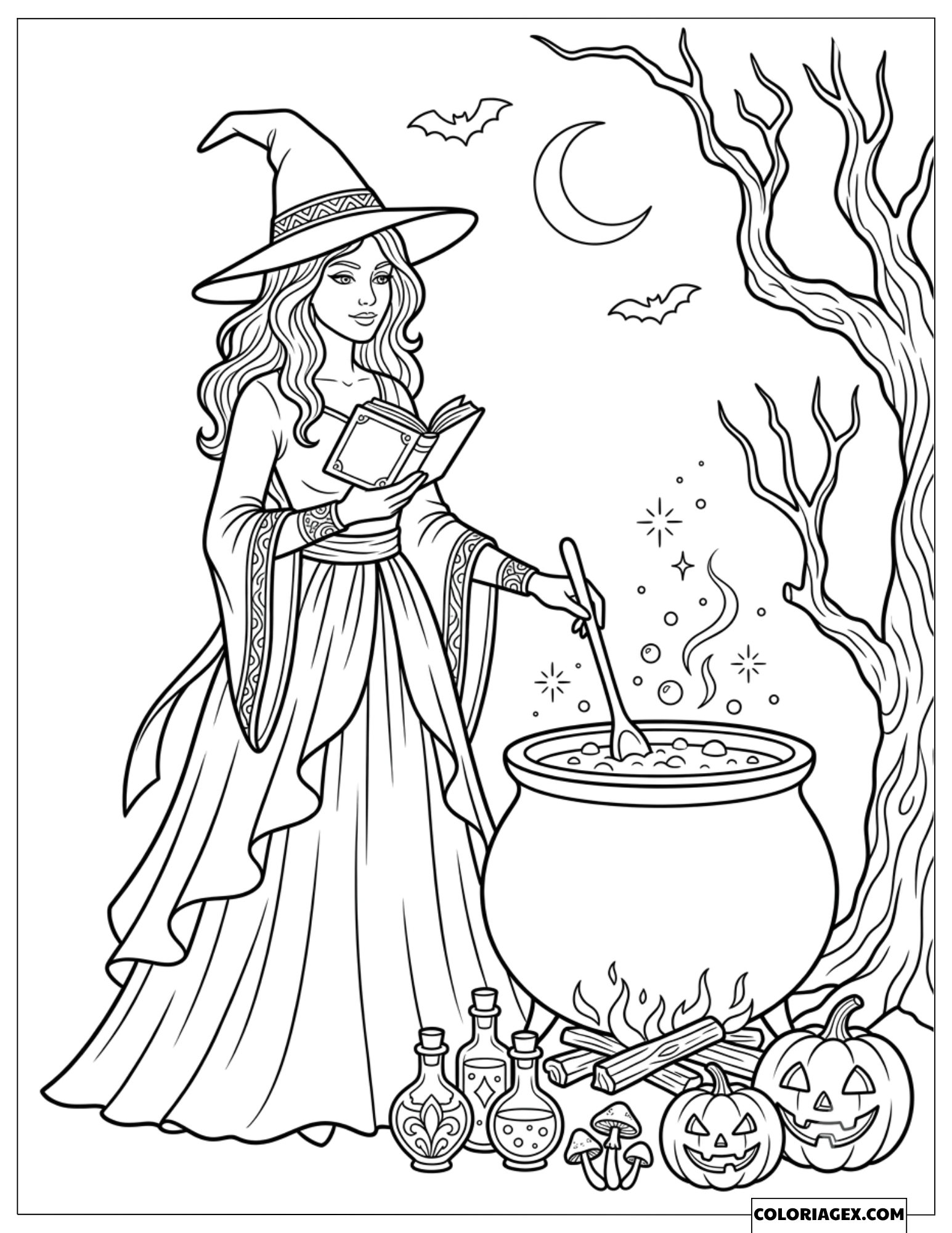 Dessin d'une Belle sorcière lisant un livre et touillant son chaudron