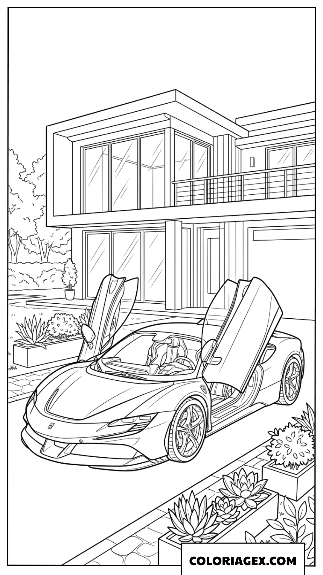 Dessin dune Ferrari SF90 devant une villa moderne