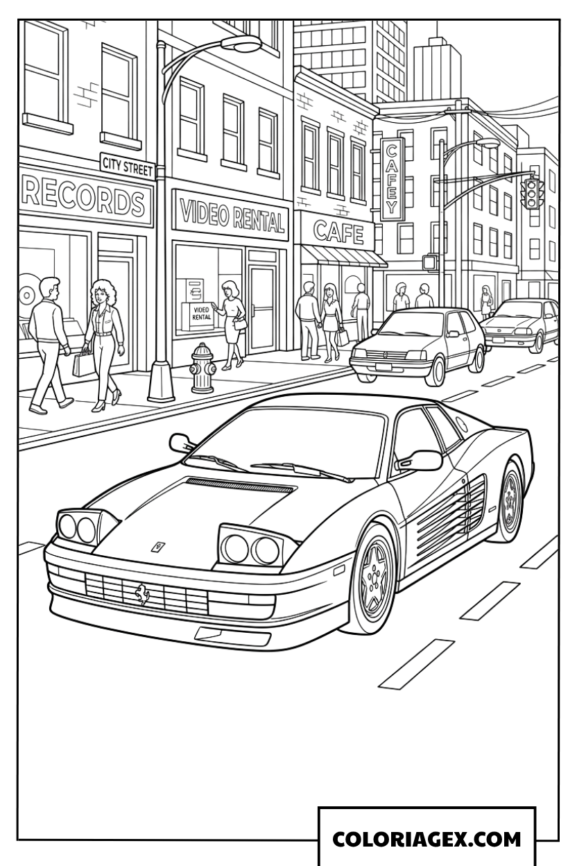 Dessin dune Ferrari Testarossa circulant dans une rue animee
