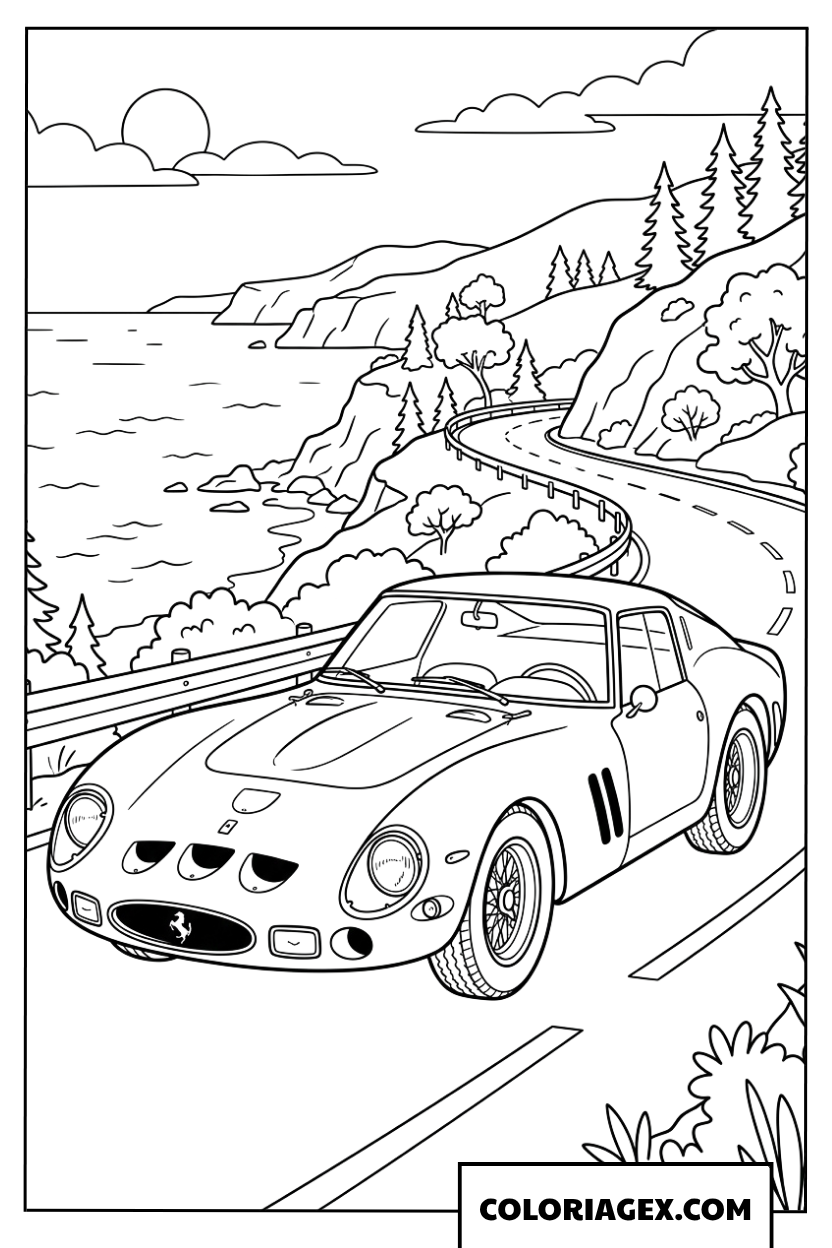 Dessin dune Ferrari ancienne longeant une route cotiere