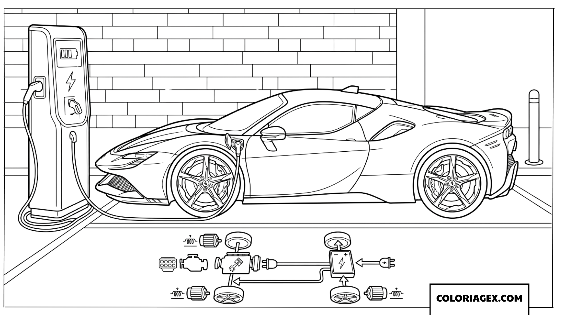 Dessin dune Ferrari hybride en charge a une borne electrique