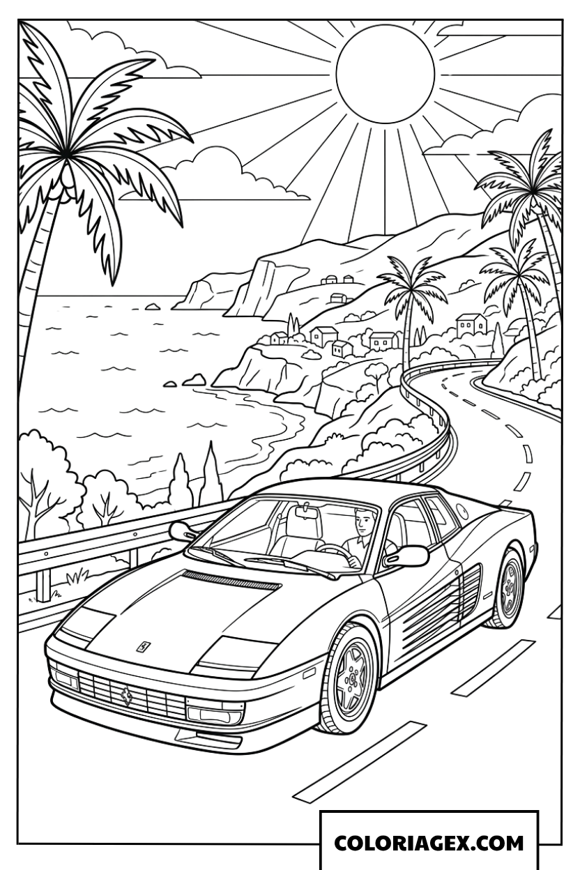 Dessin dune Ferrari roulant sur une route cotiere