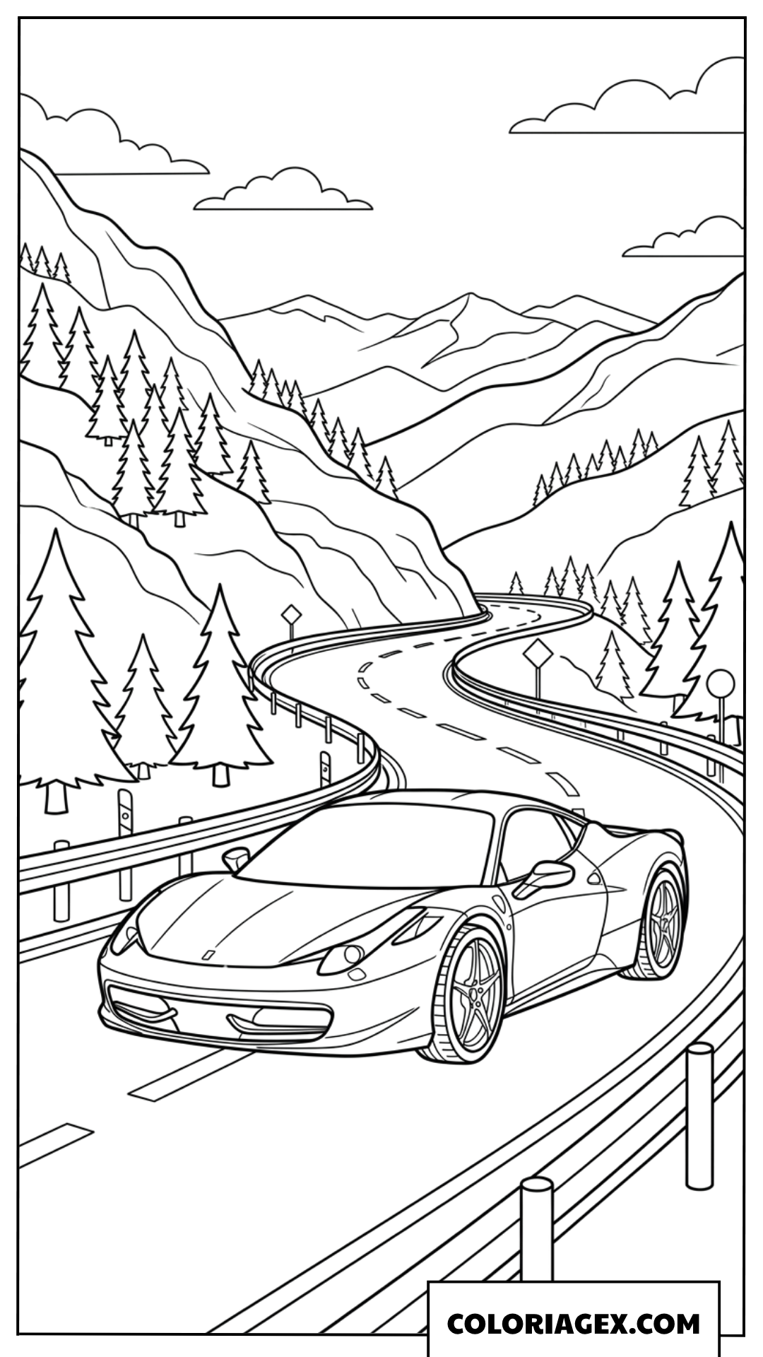 Dessin dune Ferrari roulant sur une route de montagne sinueuse