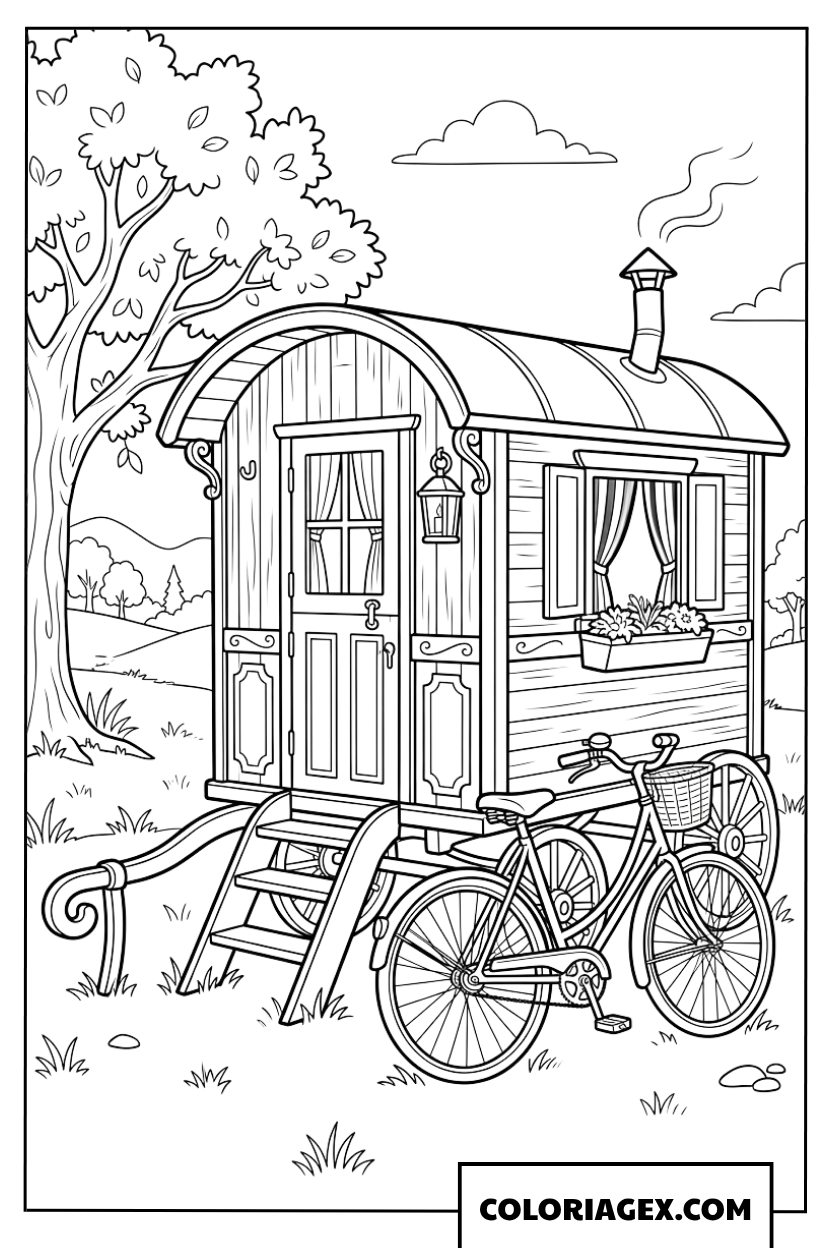 Dessin d'une caravane classique et d'un vélo près de la forêt