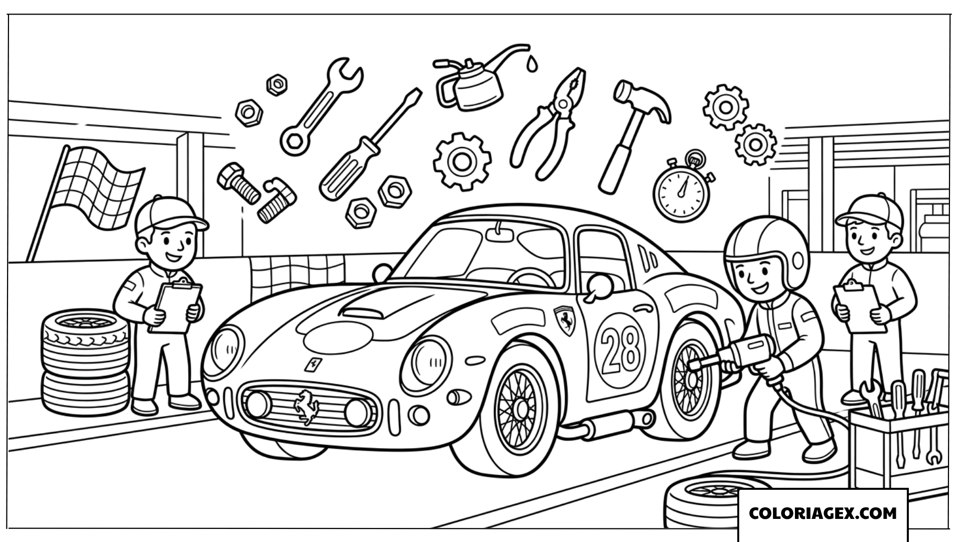 Dessin d'une équipe technique assistant une voiture de course
