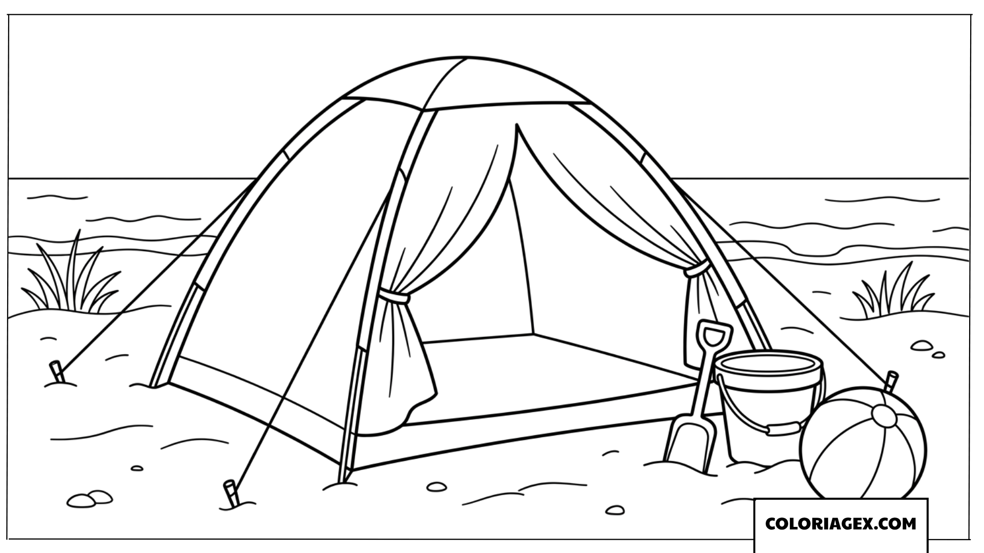 Dessin d'une jolie petite tente de camping au bord de la mer bleue