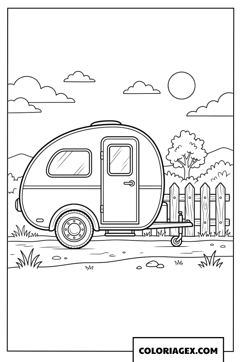 Dessin d'une petite remorque de voyage garée près d'une clôture