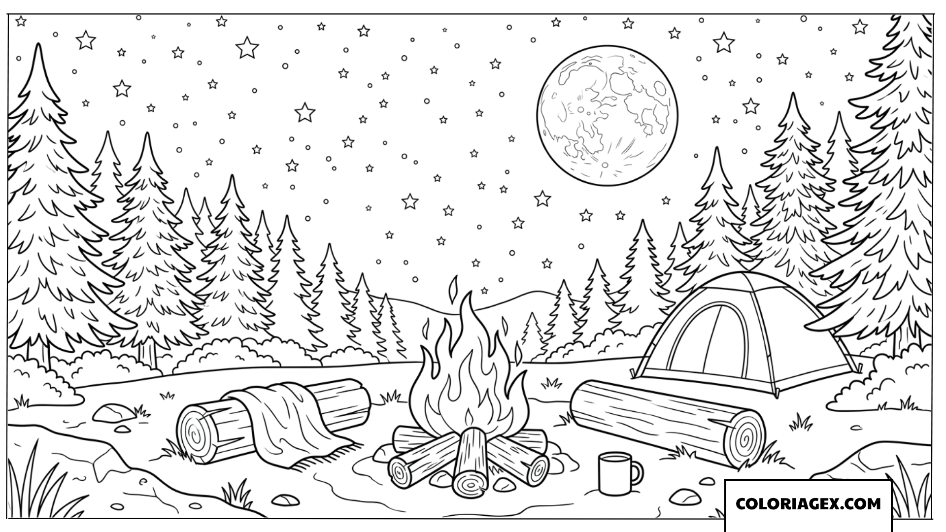Dessin d'une scène de camping romantique sous un ciel étoilé