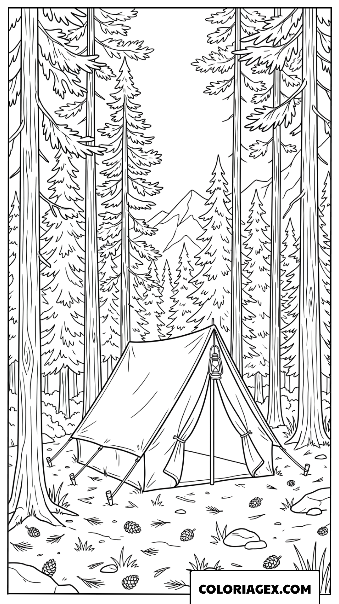 Dessin d'une tente de camping paisible au milieu d'une forêt de pins
