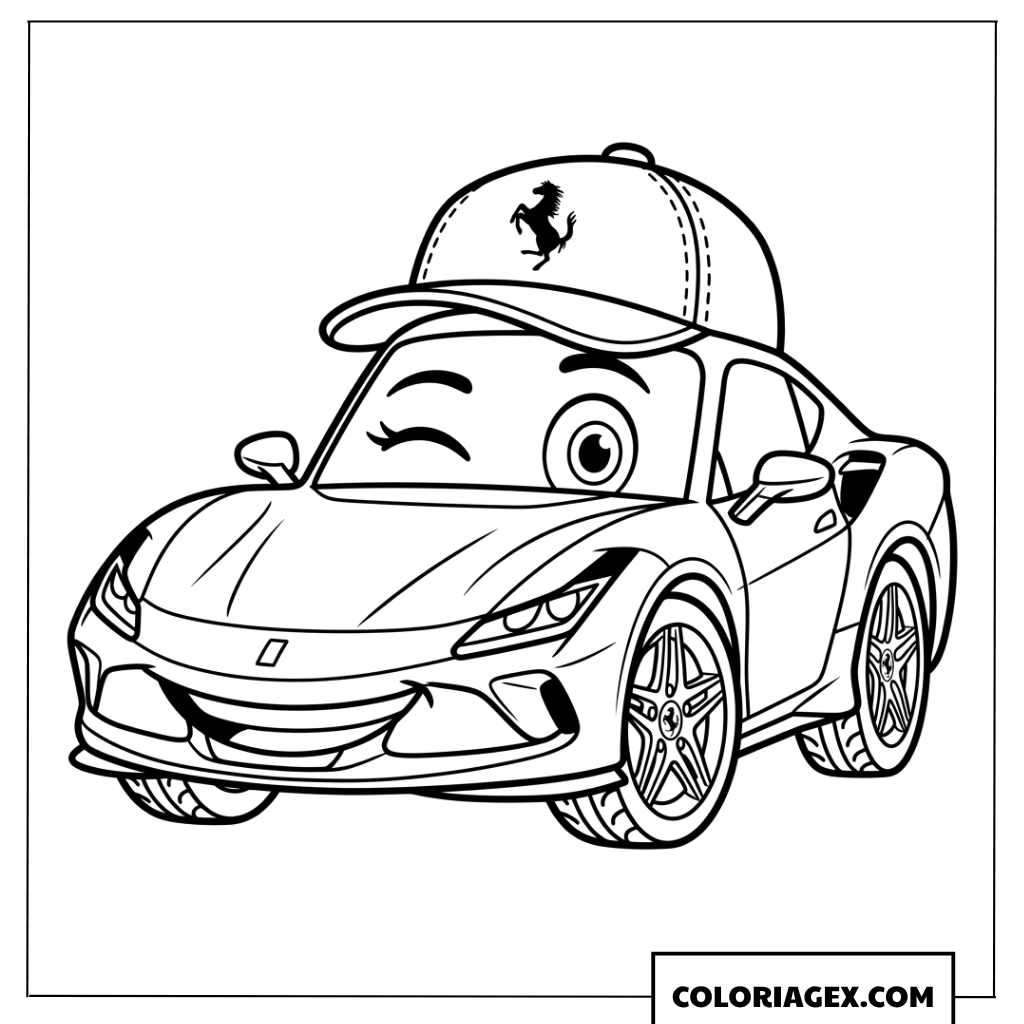 Dessin dune voiture Ferrari cartoon avec une casquette