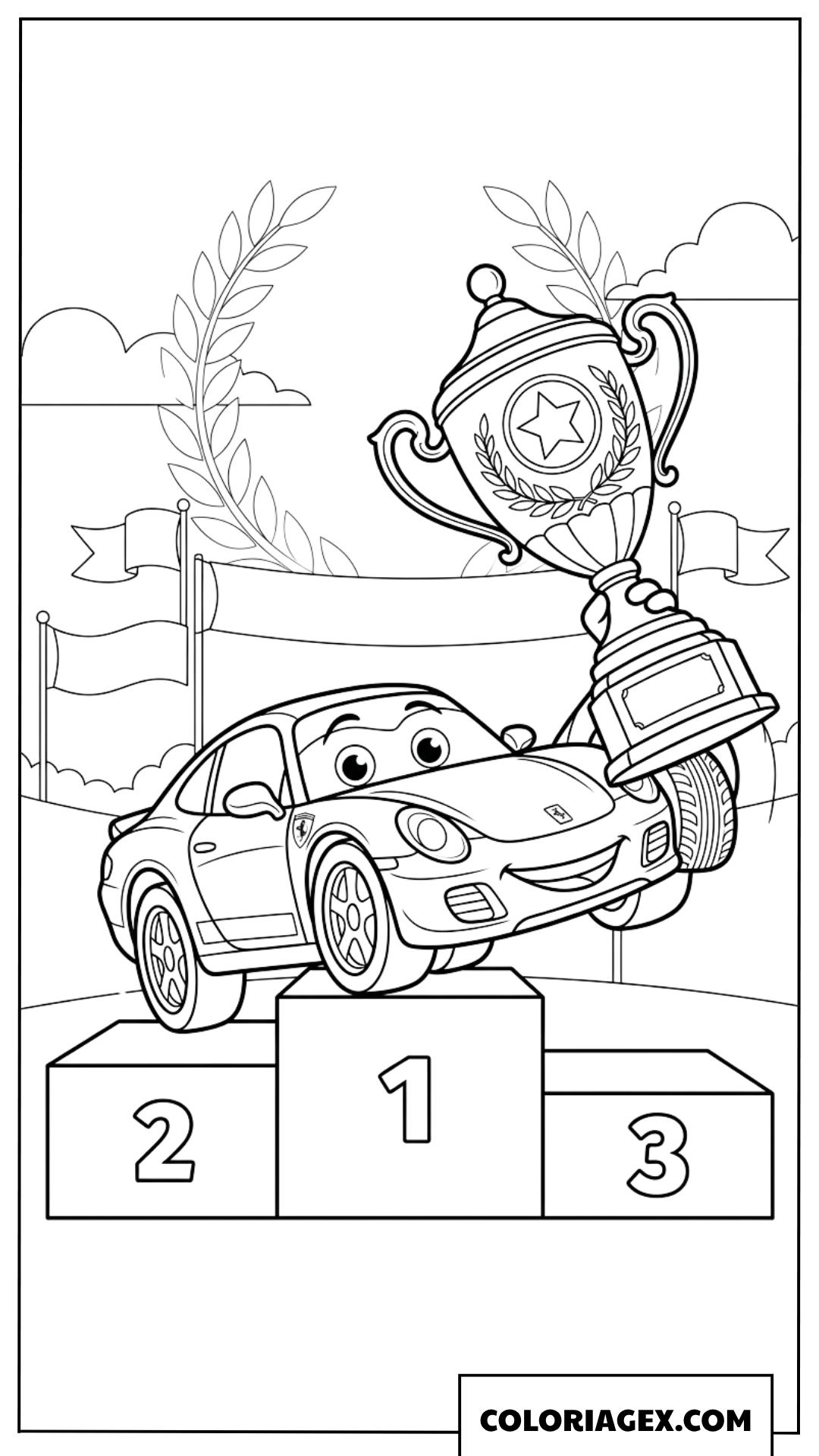 Dessin d'une voiture Ferrari de dessin anime sur le podium