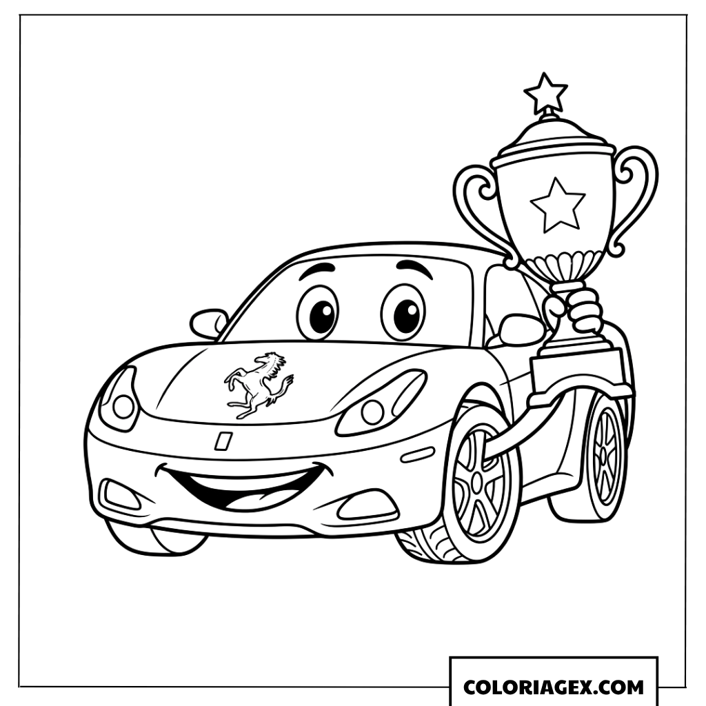 Dessin dune voiture Ferrari joyeuse avec son trophee