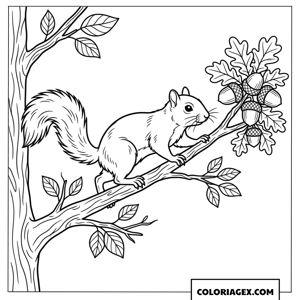 Dessin ecureuil explorant une branche de glands