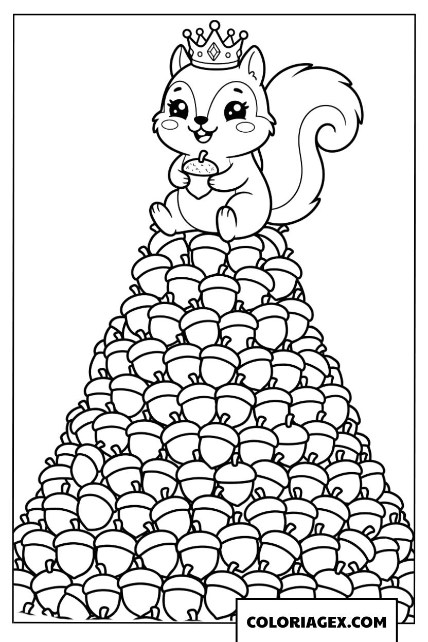 Dessin ecureuil roi sur montagne glands