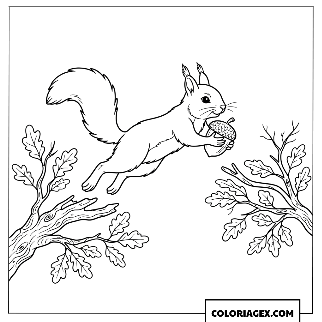 Dessin ecureuil sautant avec son gland dans les arbres