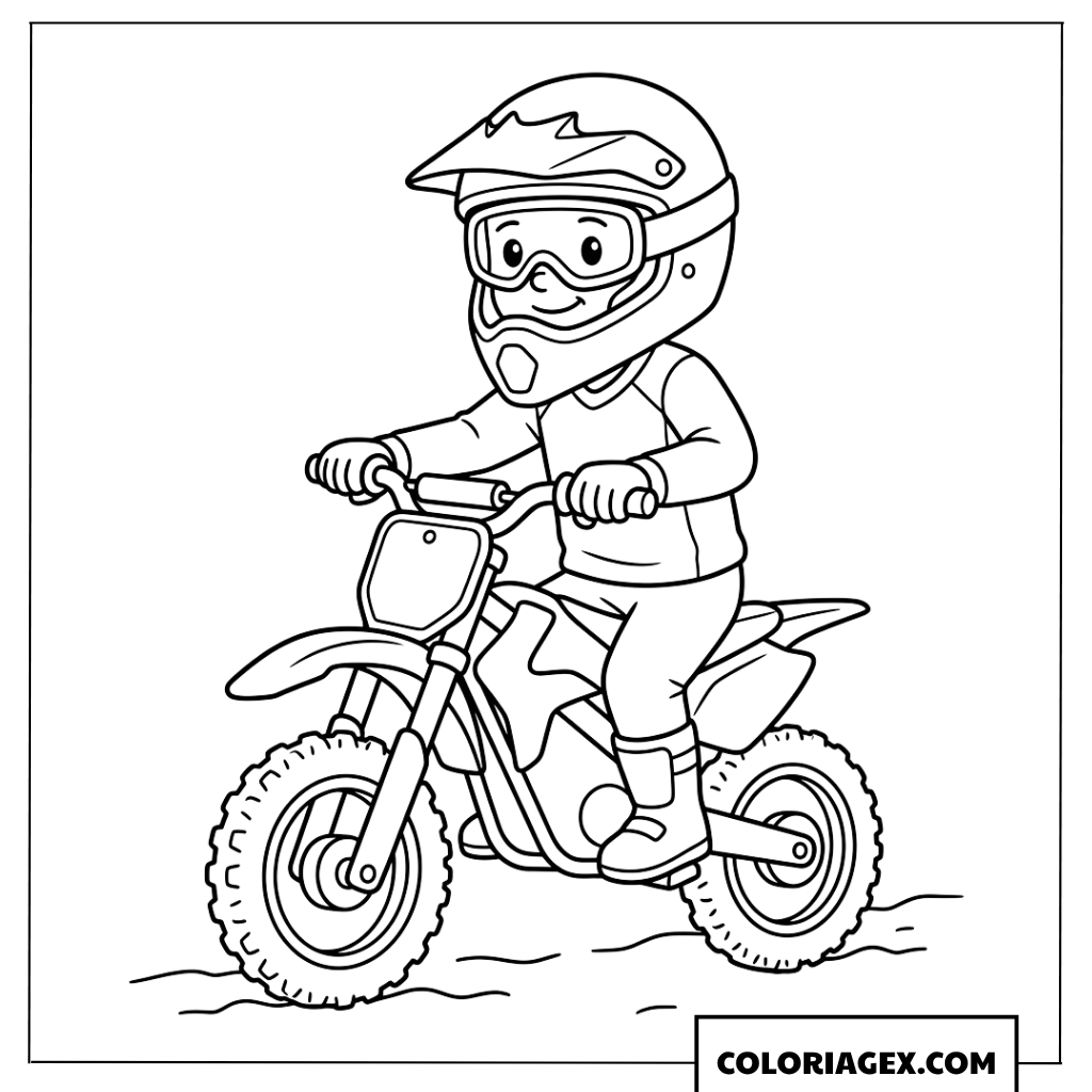 Dessin enfant avec grand casque pilotant une mini motocross