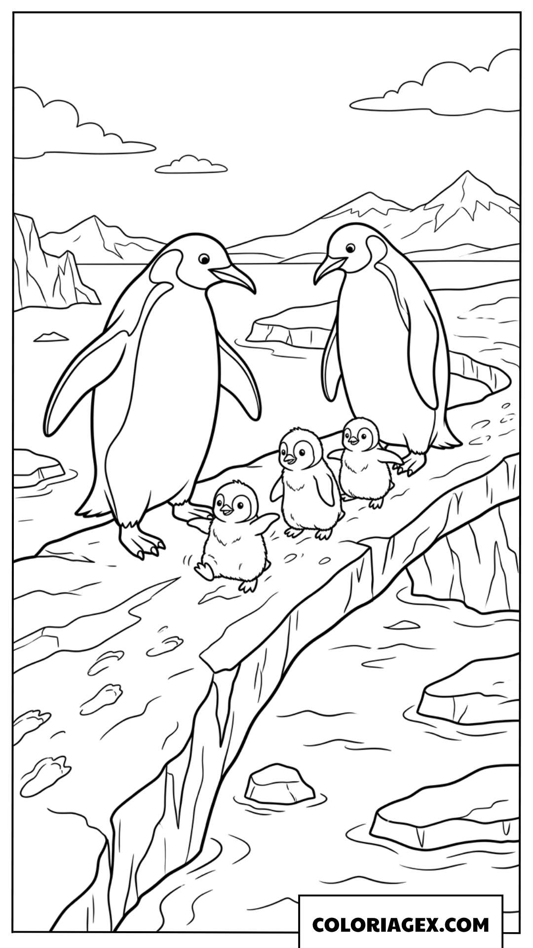 Dessin famille pingouin marchant sur le sentier glace