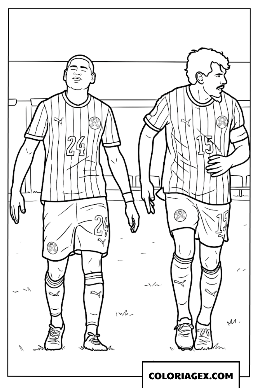 Dessin joueurs du Paraguay sur le terrain de foot a colorier