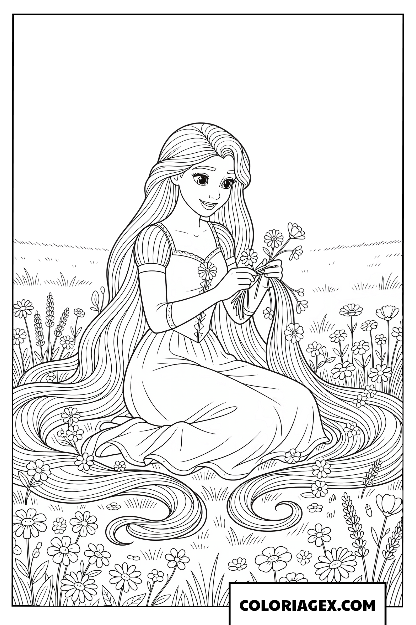 Dessin la princesse Raiponce tressant ses cheveux en ete