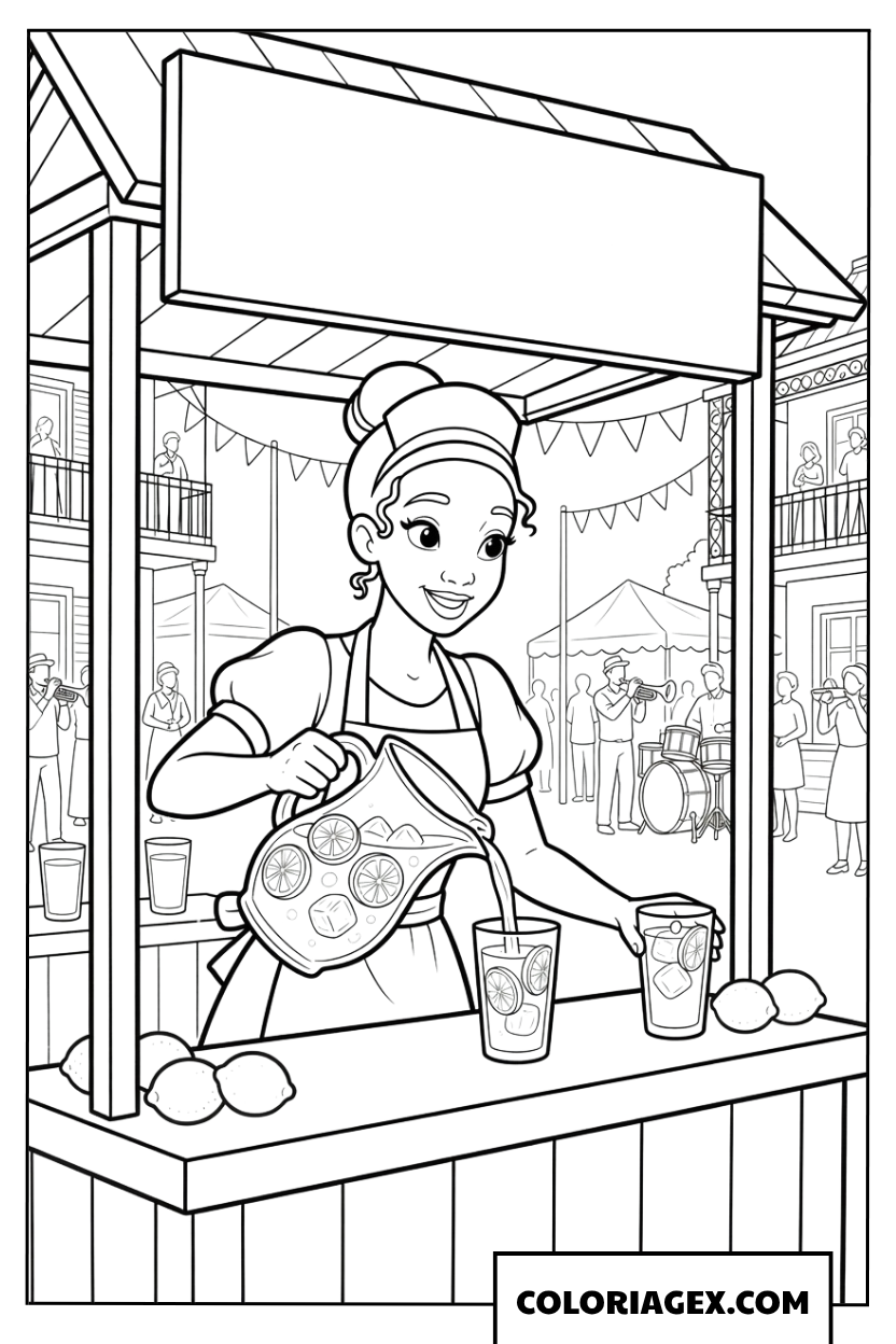 Dessin la princesse Tiana vend de la limonade fraiche en ete