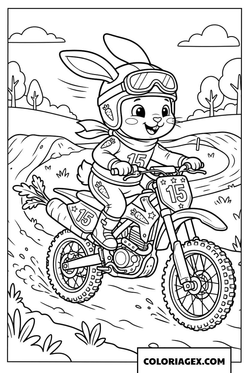 Dessin lapin conduit une motocross sur une colline herbeuse