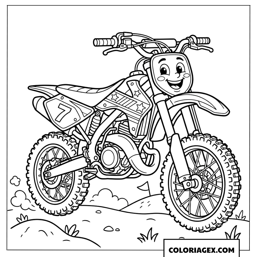 Dessin motocross rigolote avec un visage souriant