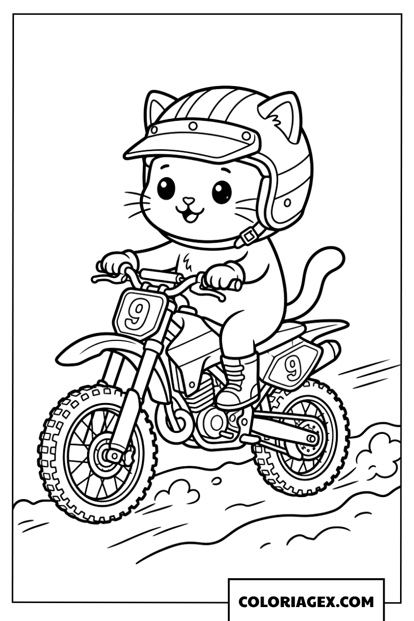 Dessin petit chat portant un casque pilotant une motocross