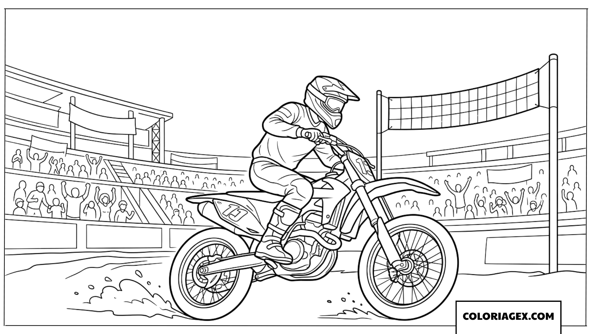 Dessin pilote de motocross franchissant la ligne d'arrivee
