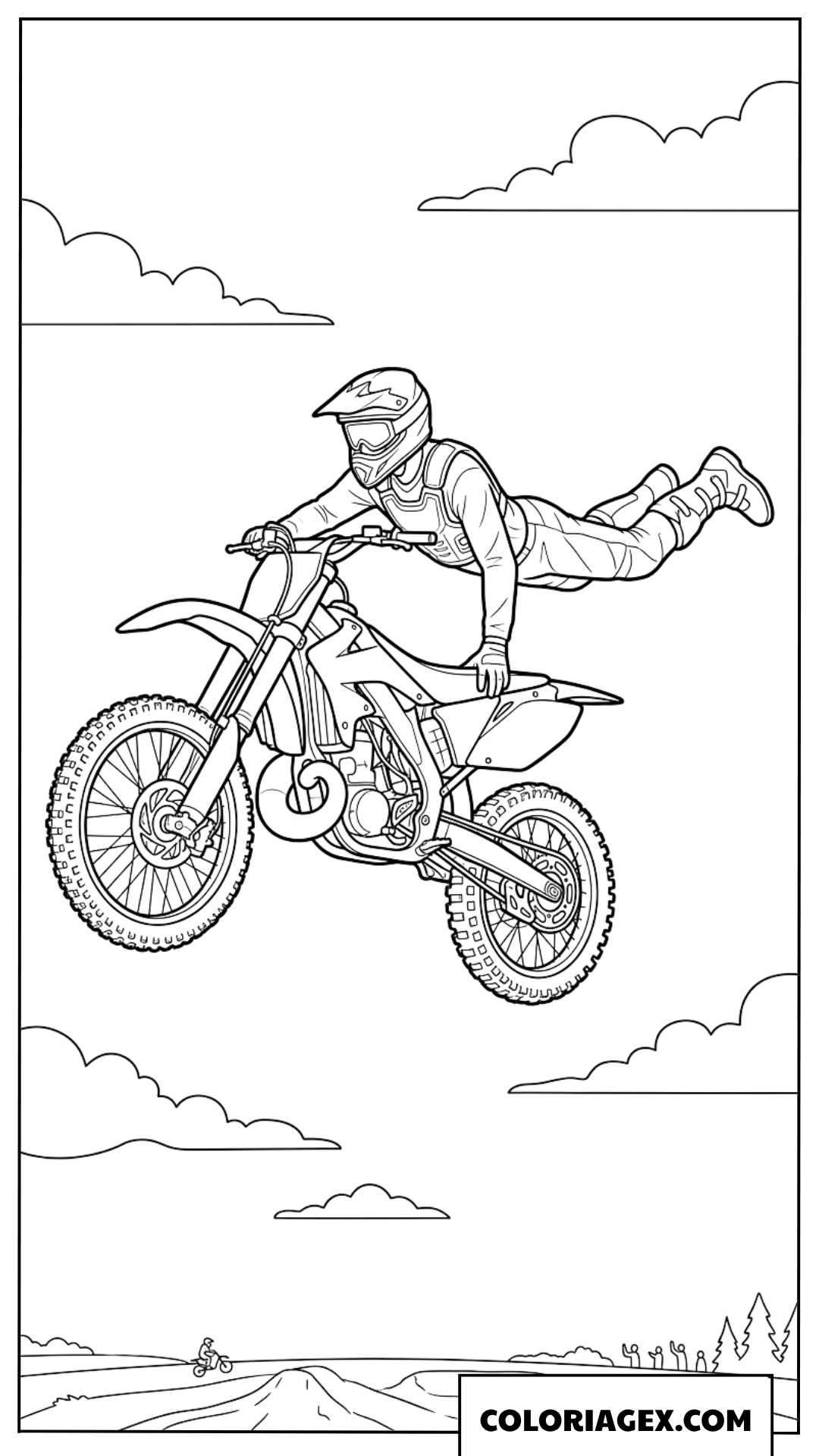 Dessin pilote motocross faisant une figure superman en vol
