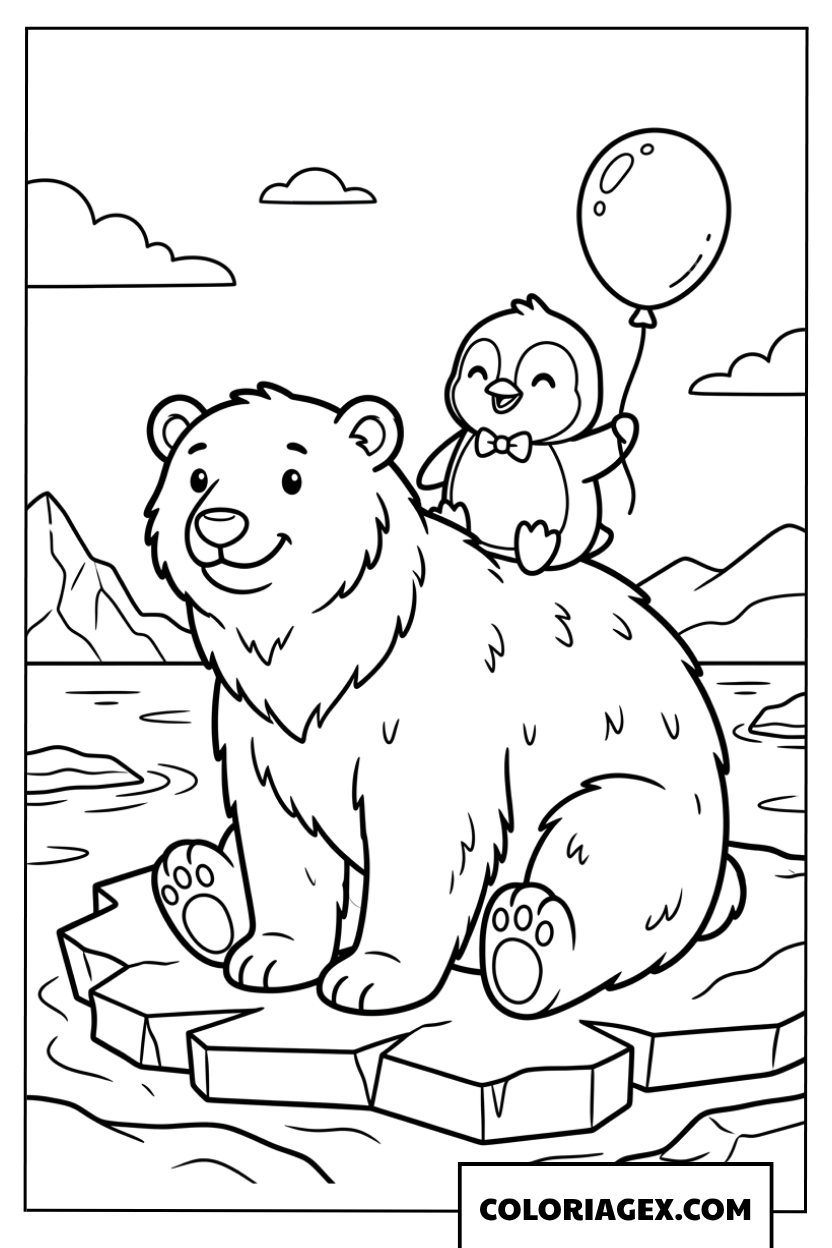 Dessin pingouin avec ballon assis sur le dos d un ours polaire