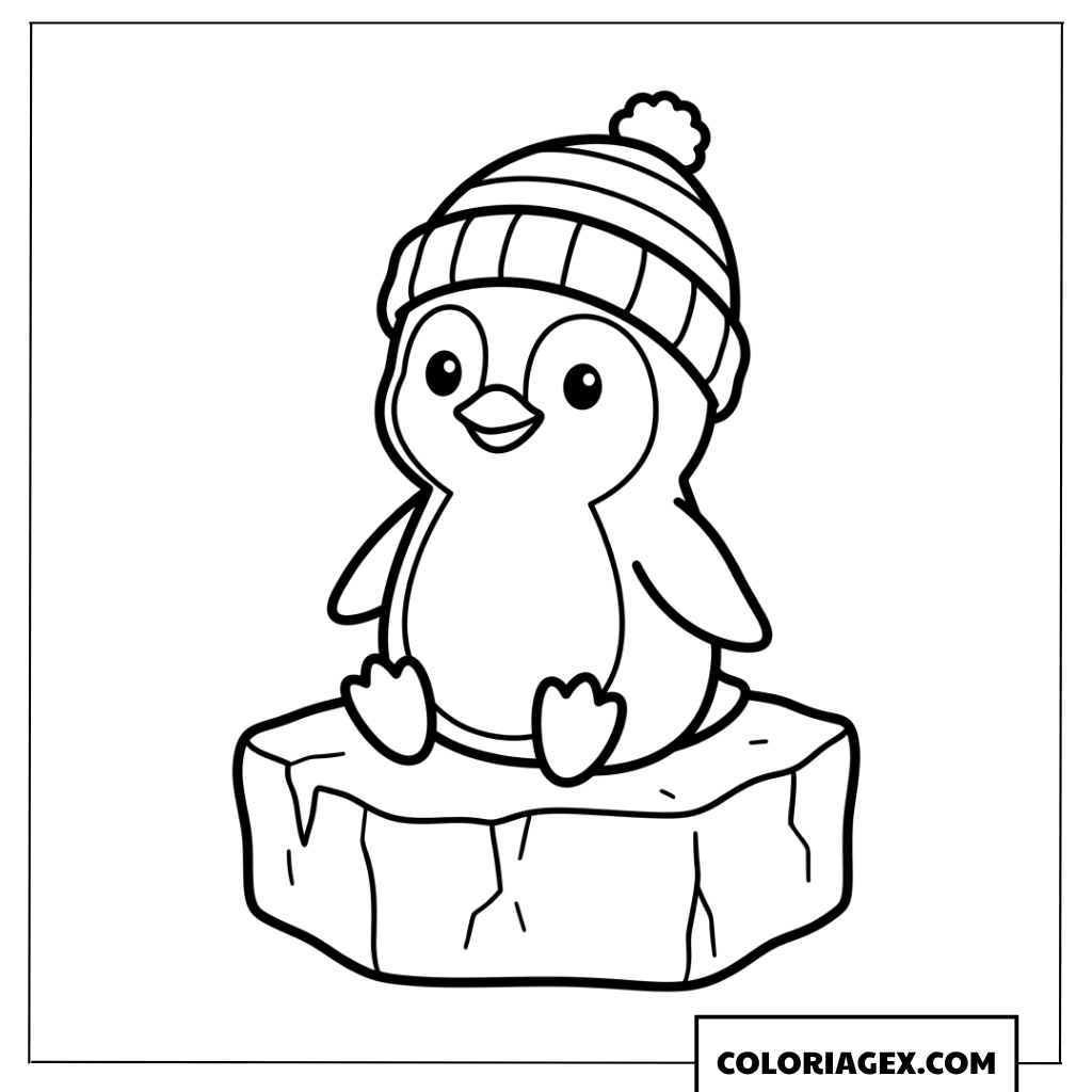 Dessin pingouin avec bonnet assis sur un cube de glace
